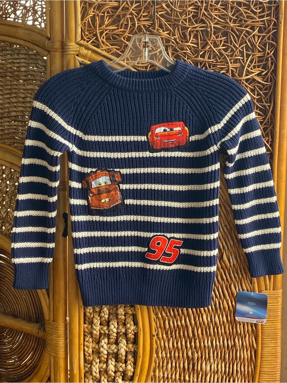NWT Disney Pixar Cars Navy & Cream Striped Kids Sweater with Cars Appliques